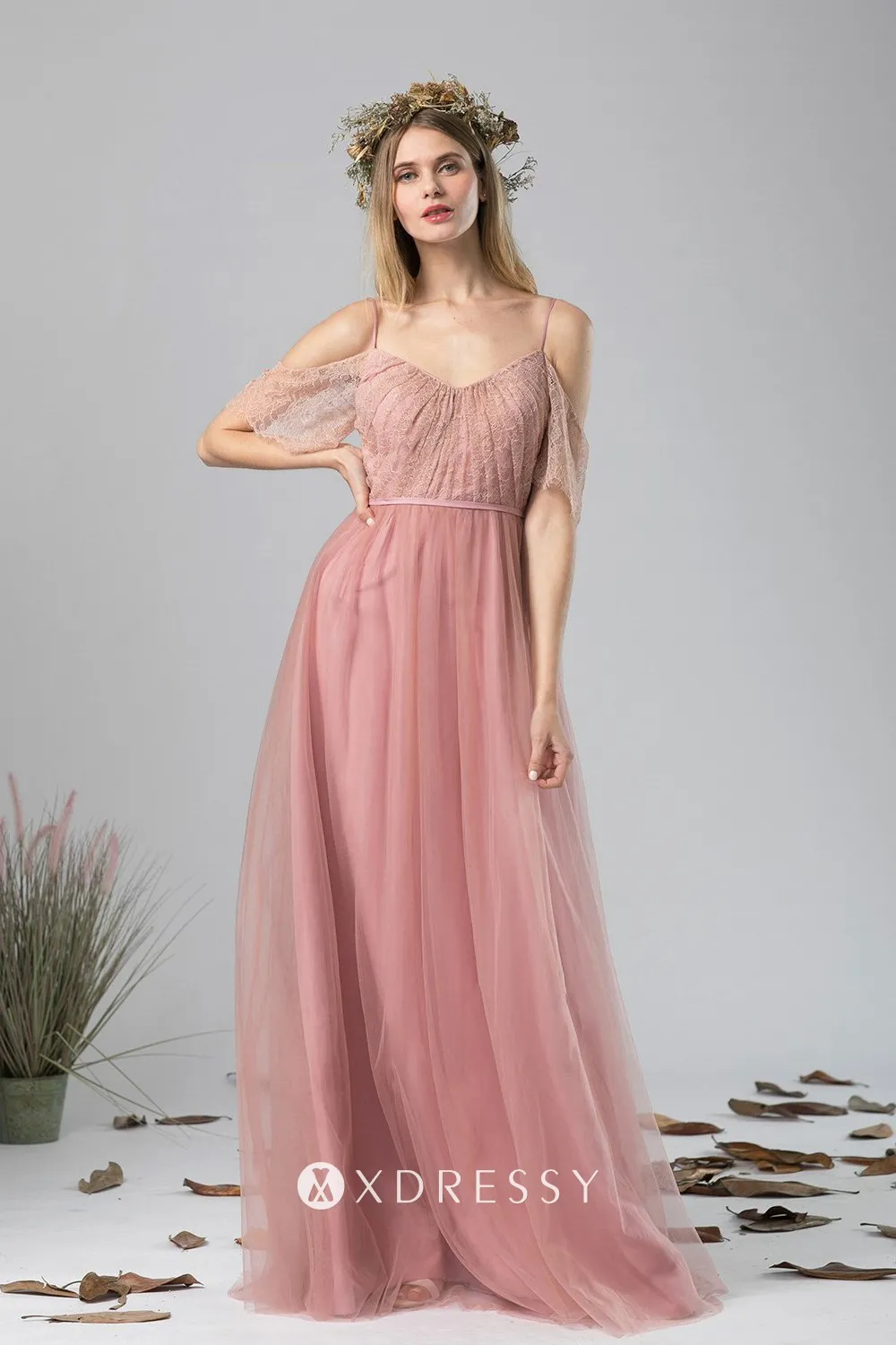 dusty pink lace tulle cold shoulder overlay bridal party dress dusty pink lace tulle cold shoulder overlay bridal party dress