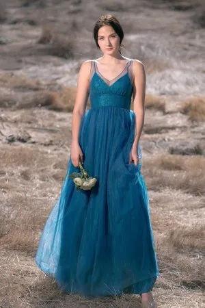 dreamy ink blue lace with tulle overlay bridesmaid gown