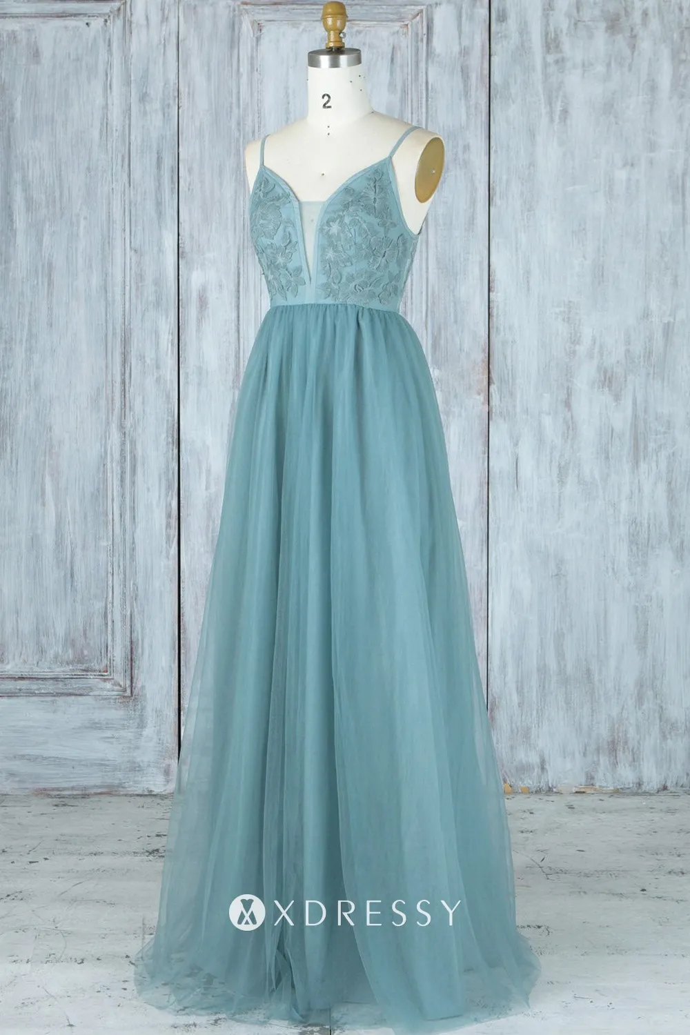 dusty blue lace tulle dip neck thin straps long bridal party dress dusty blue lace tulle dip neck thin straps long bridal party dress