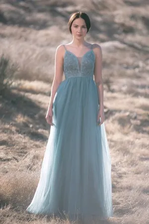 vintage dusty blue lace tulle long bridal party dress