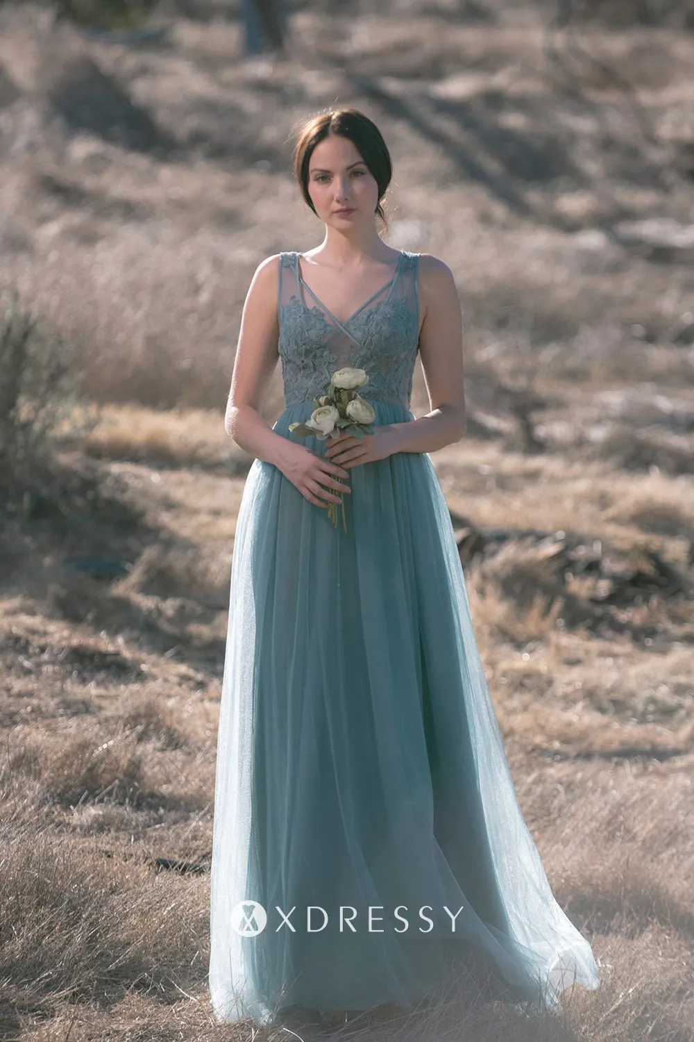 dusty blue V neck lace tulle A line bridesmaid dress dusty blue V neck lace tulle A line bridesmaid dress