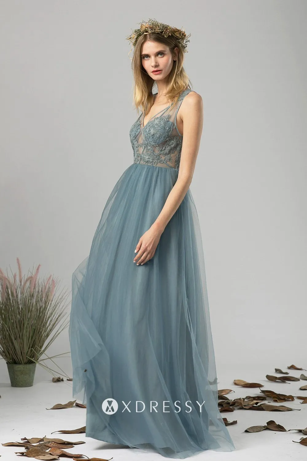 illusion dusty blue lace tulle V neck long bridesmaid gown illusion dusty blue lace tulle V neck long bridesmaid gown