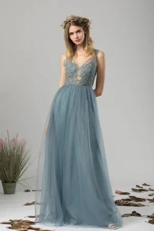 illusion dusty blue lace tulle V neck long party gown