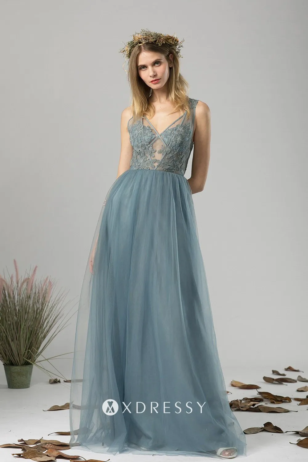 illusion dusty blue lace tulle V neck long party gown illusion dusty blue lace tulle V neck long party gown
