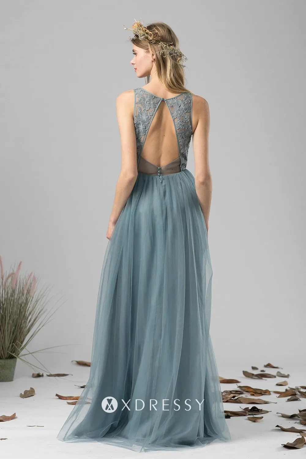 dusty blue lace tulle open back maid of honor dress