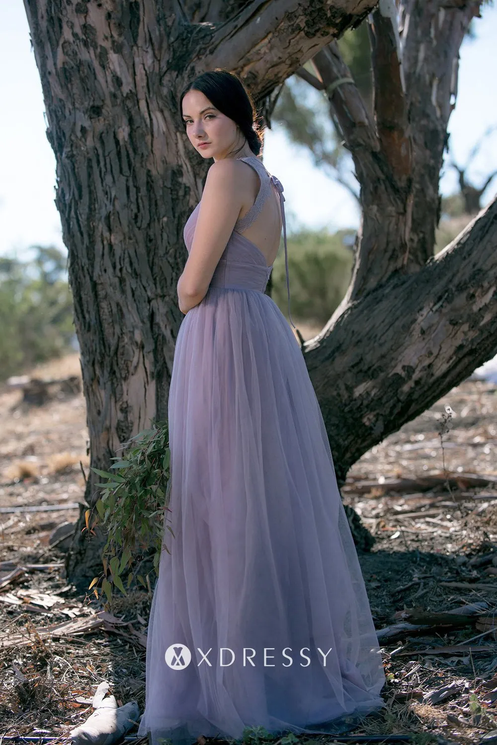 lace tulle mauve open back bridesmaid gown