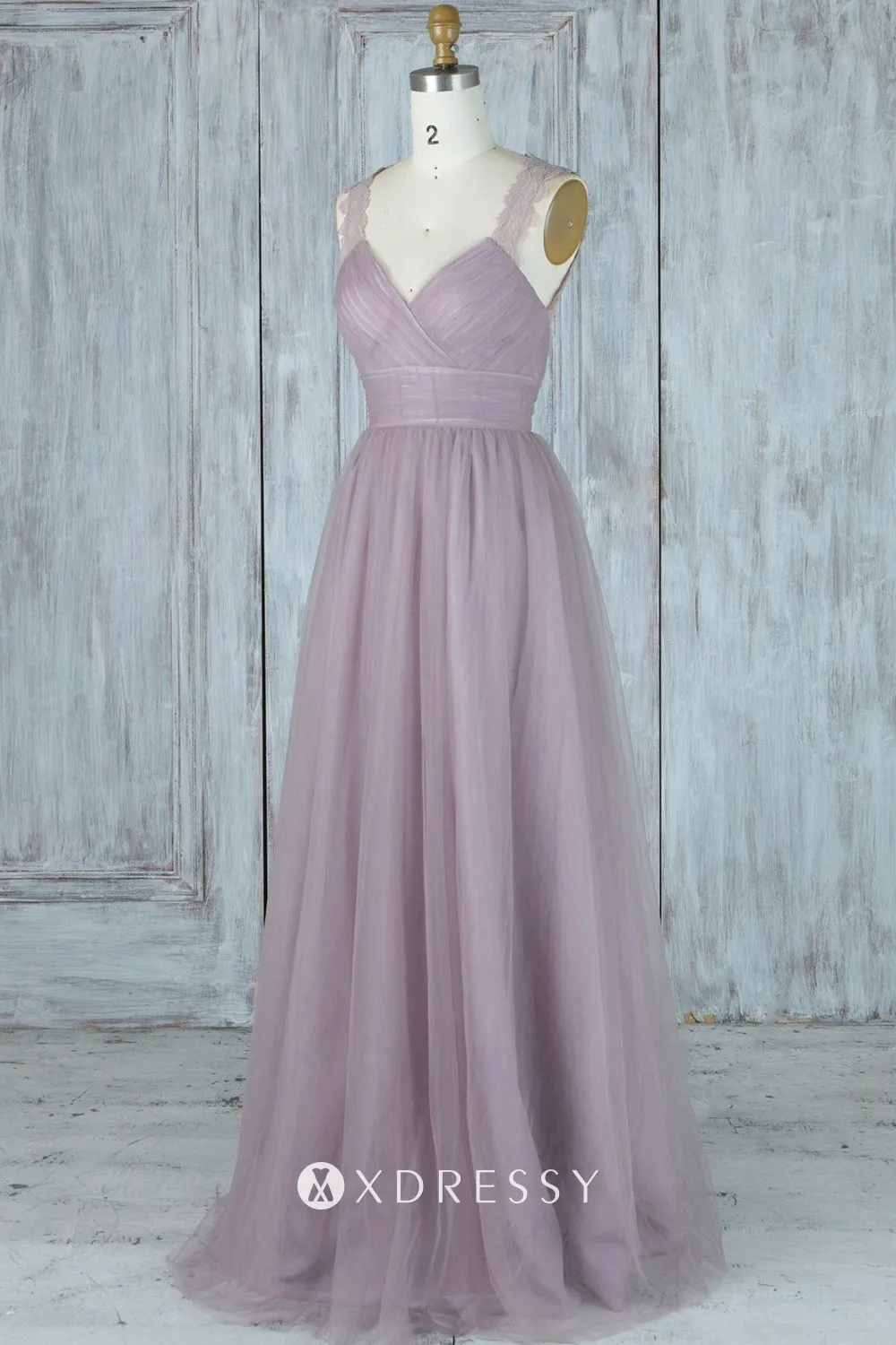 mauve A line bridal party gown
