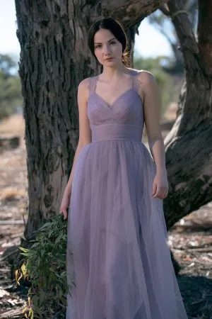 vintage lace tulle mauve floor length bridesmaid gown