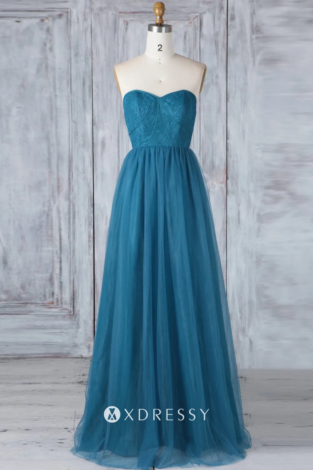 ink blue strapless lace tulle A line bridal party dress ink blue strapless lace tulle A line bridal party dress