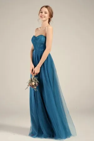 ink blue strapless lace tulle bridesmaid dress