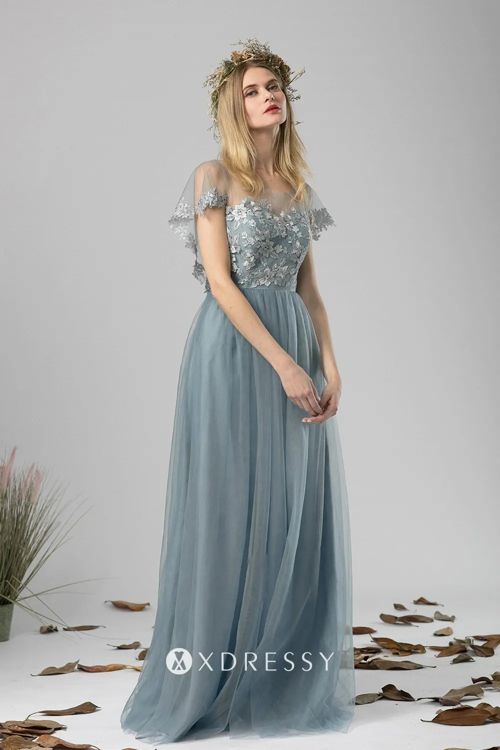 dusty blue illusion lace wrap top bridesmaid dress