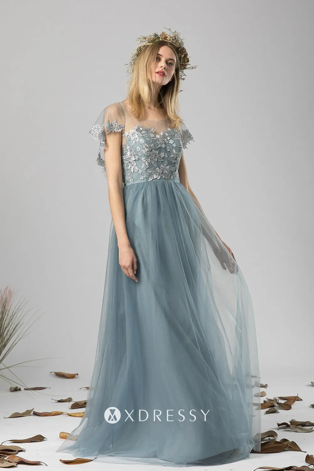 dusty blue lace tulle A line long bridal party dress