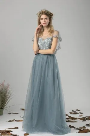 dusty blue wrap lace tulle flutter sleeve party dress