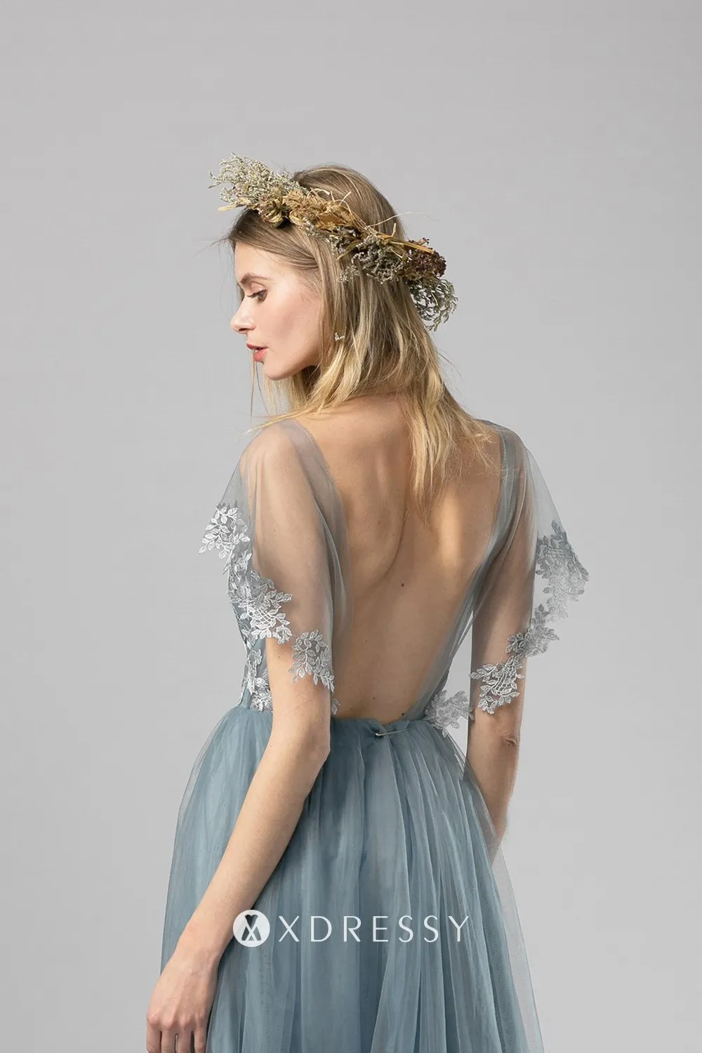 low back dusty blue dress