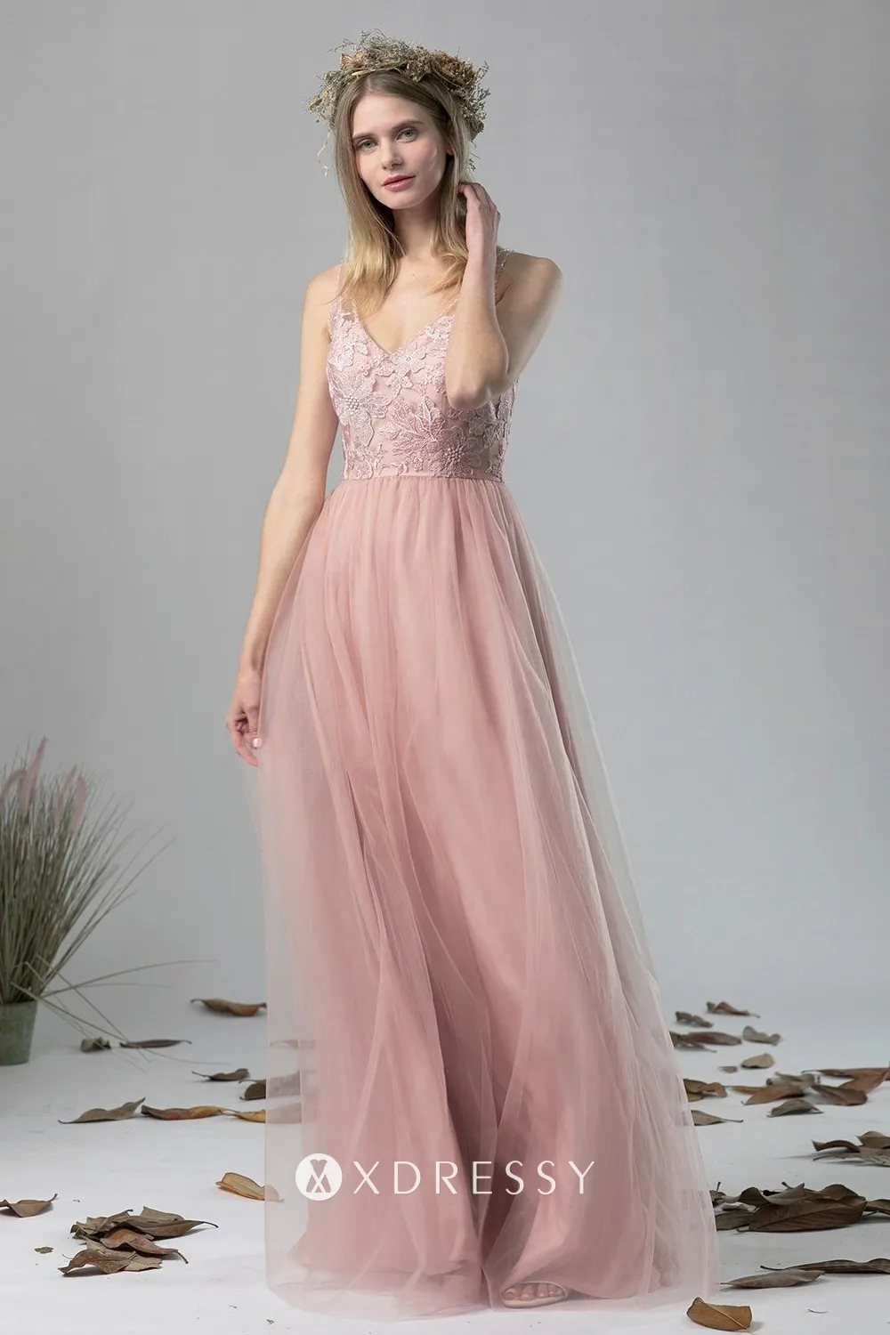 blush pink lace tulle A line bridesmaid dress