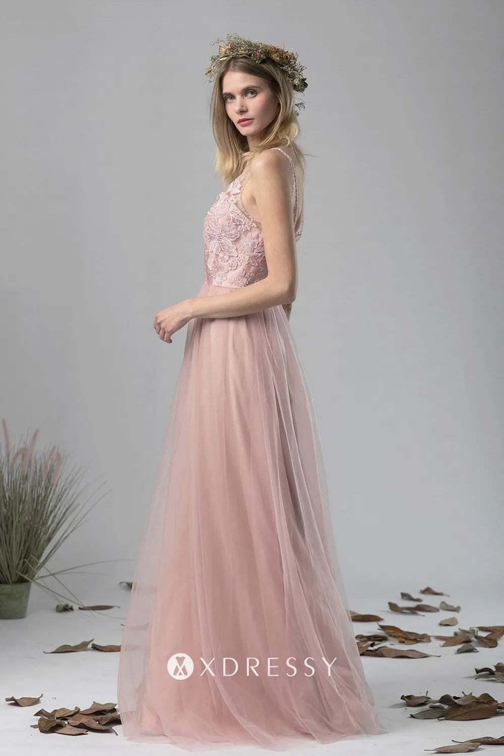 sleeveless blush pink floor length bridal party gown