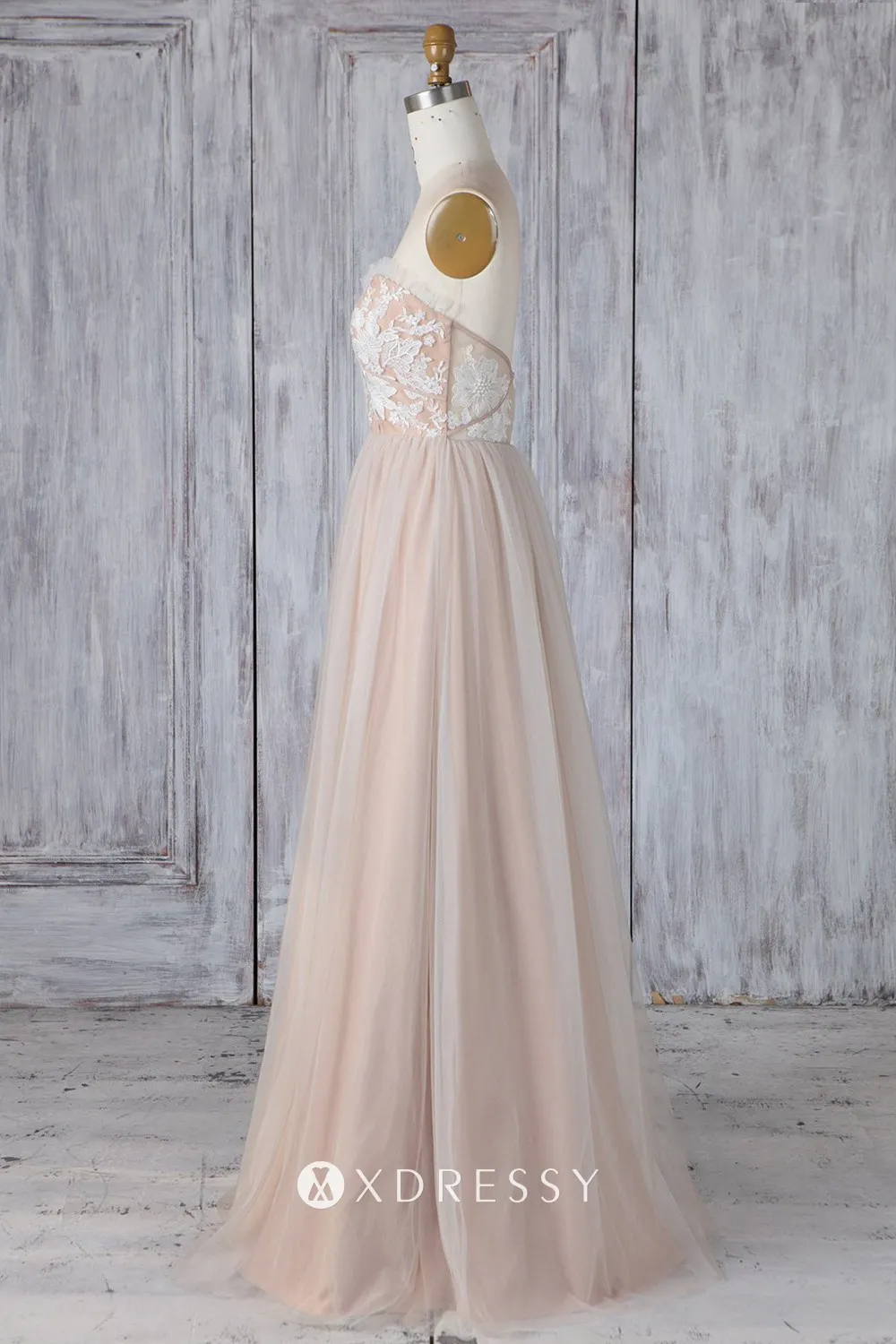 strapless khaki lace tulle A line bridal party dress strapless khaki lace tulle A line bridal party dress