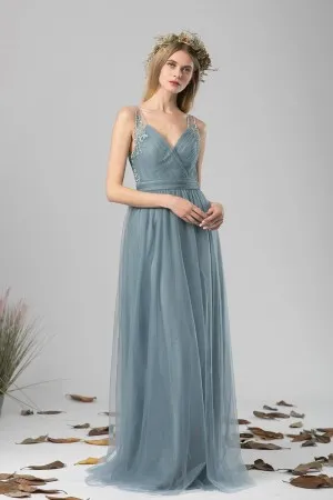 dusty blue lace appliqued tulle V neck bridesmaid dress