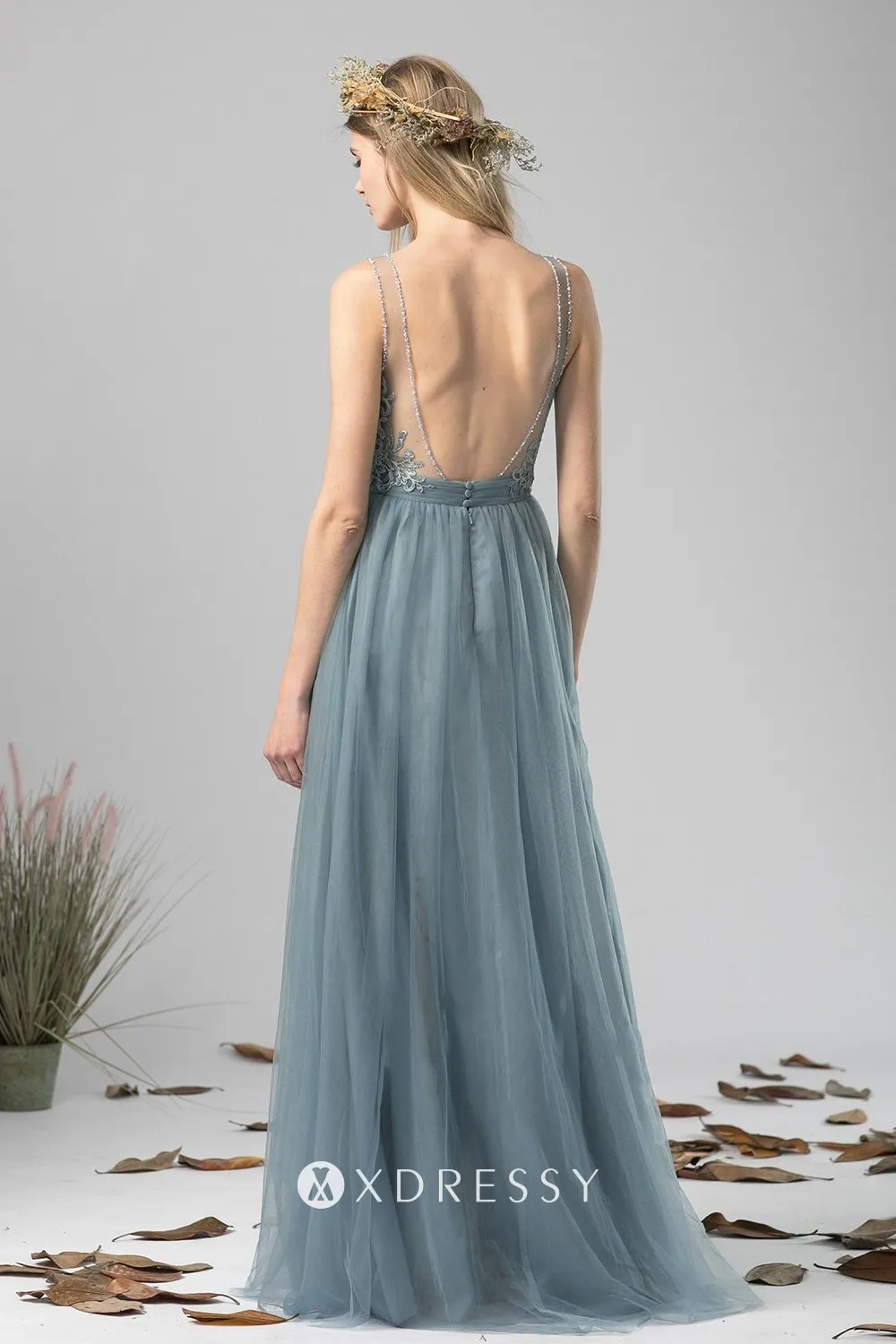 low back with sheer straps bridesmaid dress