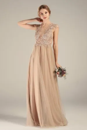 illusion lace tulle cap sleeve long bridal party gown