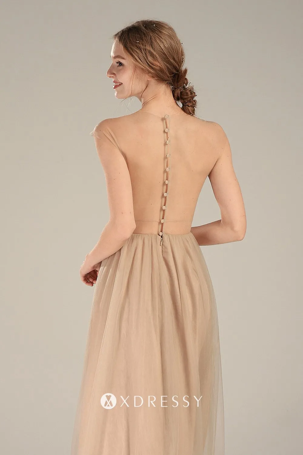 illusion nude button back bridal party gown illusion nude button back bridal party gown