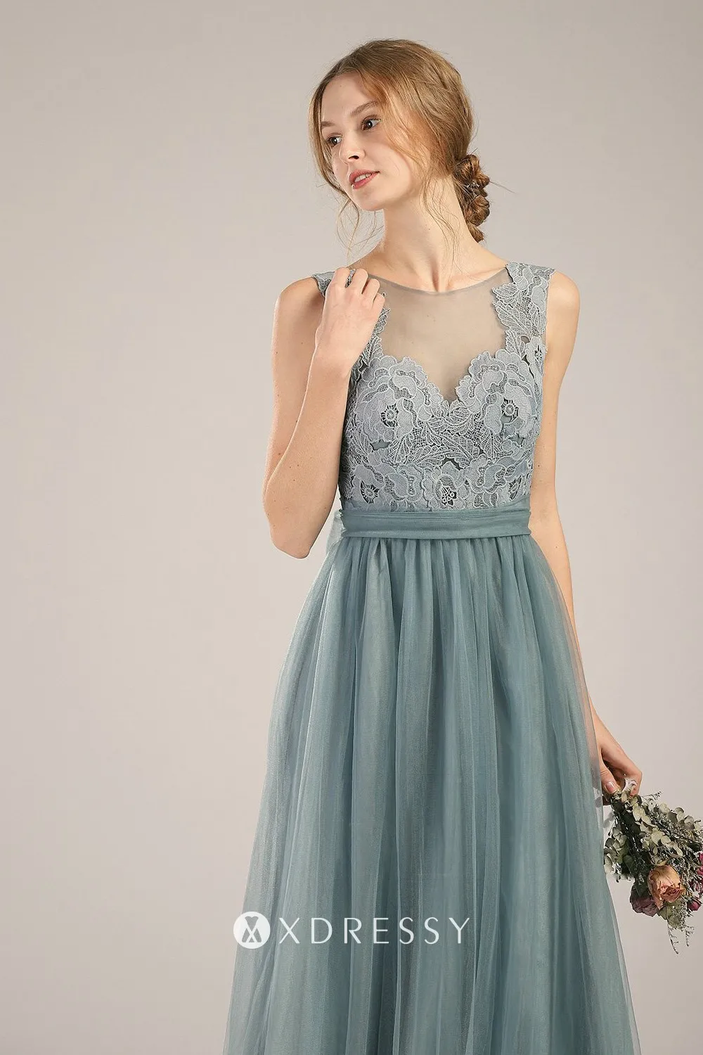 dusty blue lace and tulle illusion neck bridesmaid gown dusty blue lace and tulle illusion neck bridesmaid gown
