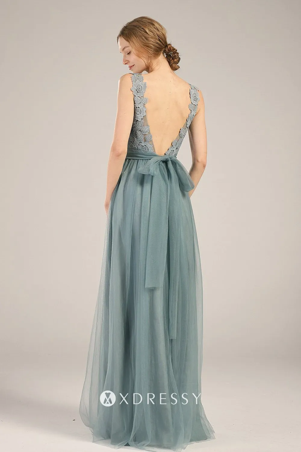 dusty blue low V back floor length A line bridal party gown dusty blue low V back floor length A line bridal party gown
