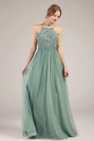 dusty green lace tulle thin straps halter neck bridal party dress