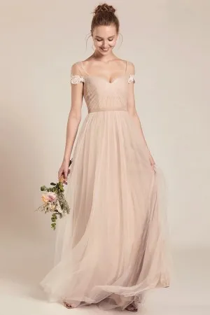 nude satin and tulle overlay sweetheart bridesmaid gown