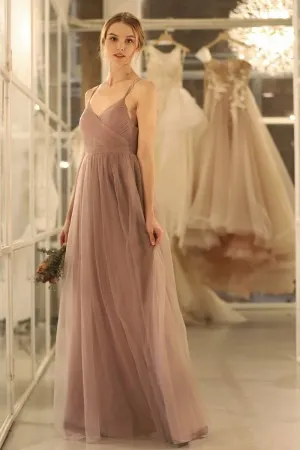 dark nude tulle spaghetti straps ruched bridesmaid gown