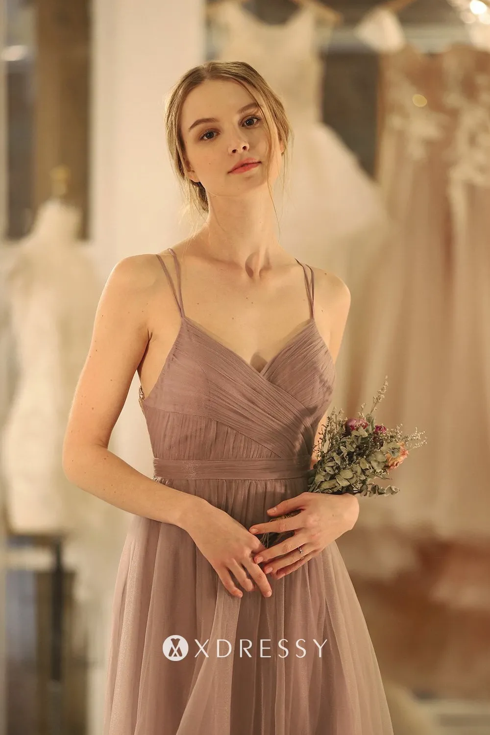 ruched V neck dark tulle bridal party gown ruched V neck dark tulle bridal party gown