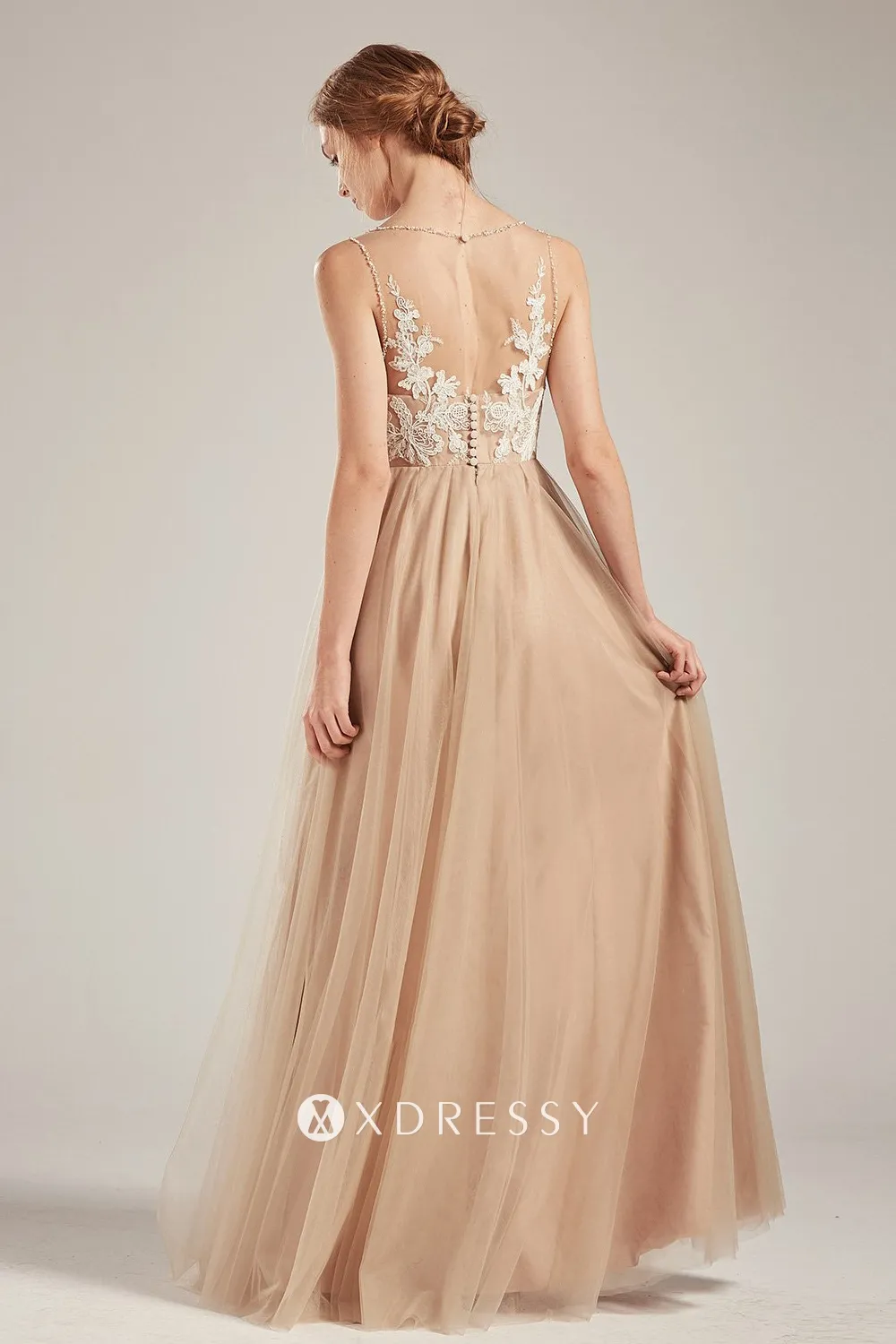 illusion button back lace appliqued tulle bridal party gown