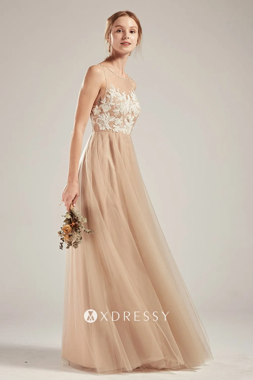 illusion neckline lace appliqued A line wedding guest dress