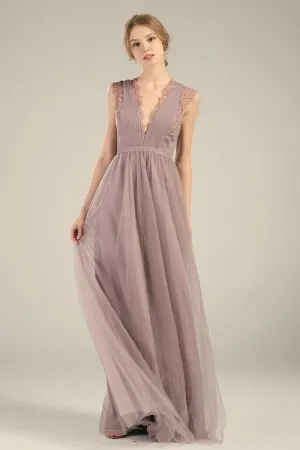 lace trimmed tan tulle pleated V neck floor length gown