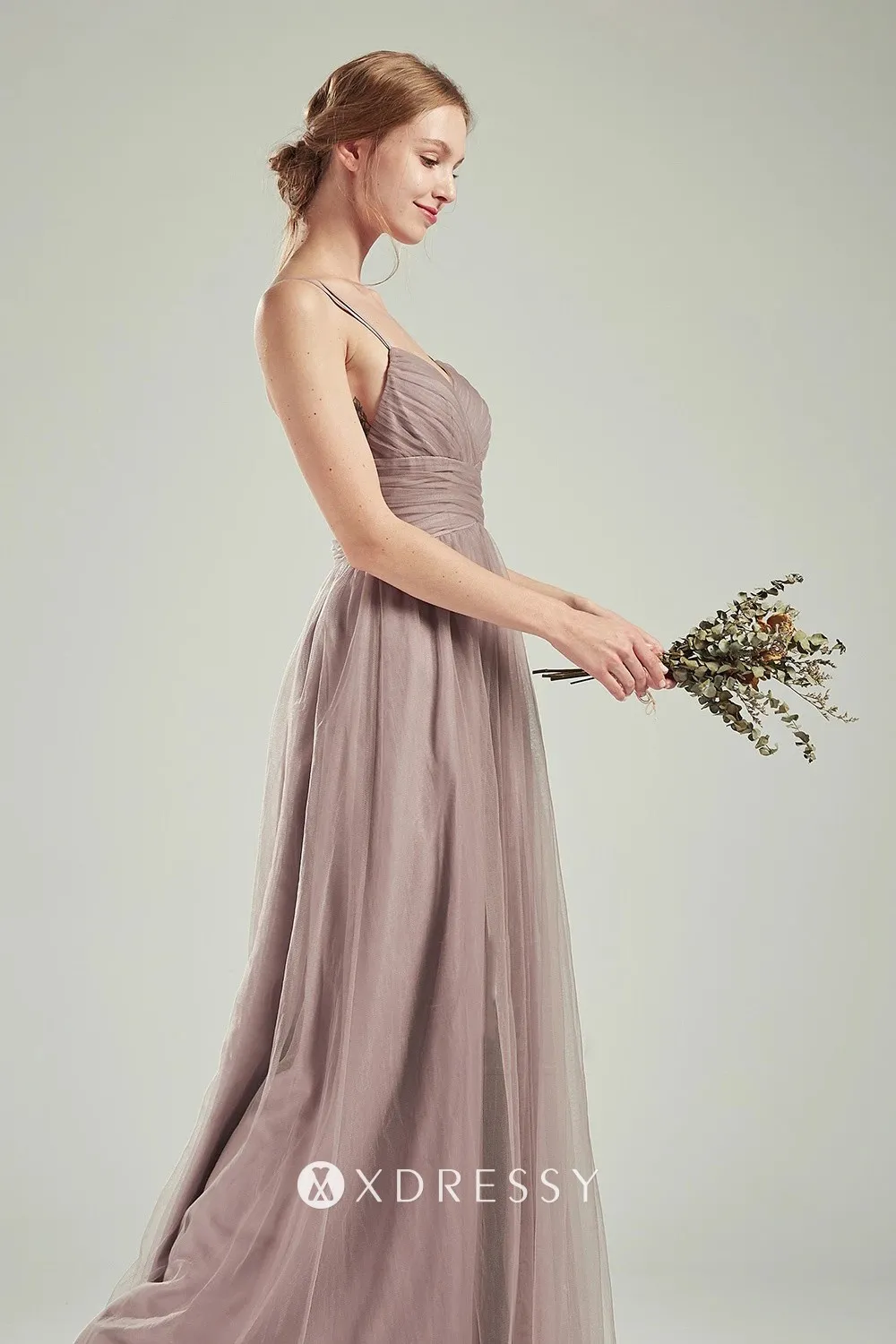 Tan tulle thin straps bridesmaid gown Tan tulle thin straps bridesmaid gown