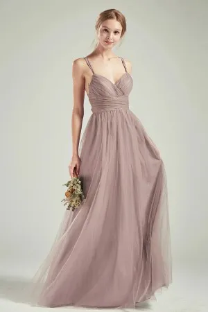 tan tulle thin straps V neck A line bridal party dress