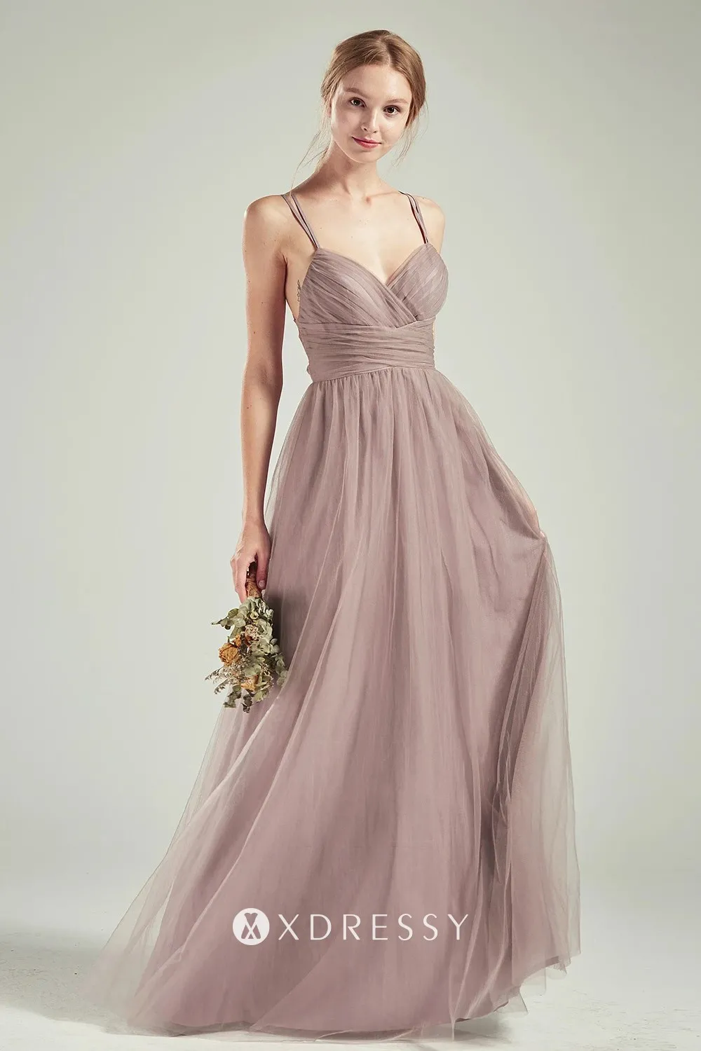 tan tulle thin straps V neck A line bridal party dress tan tulle thin straps V neck A line bridal party dress