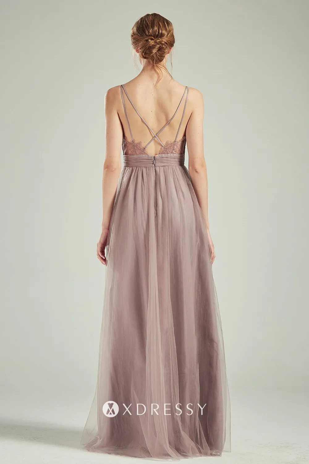 low back tan tulle spaghetti straps floor length formal dress