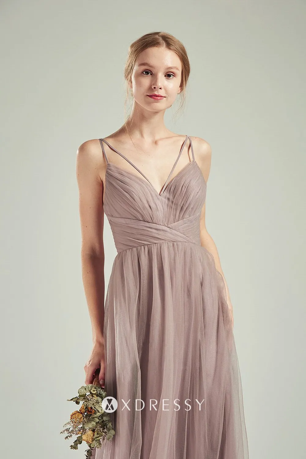 tan nude tulle ruched V neckline bridal party gown