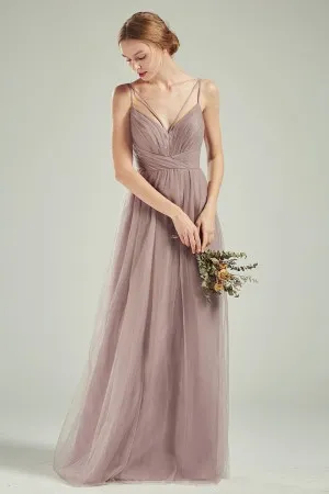 tan nude tulle spaghetti straps V neck bridesmaid dress