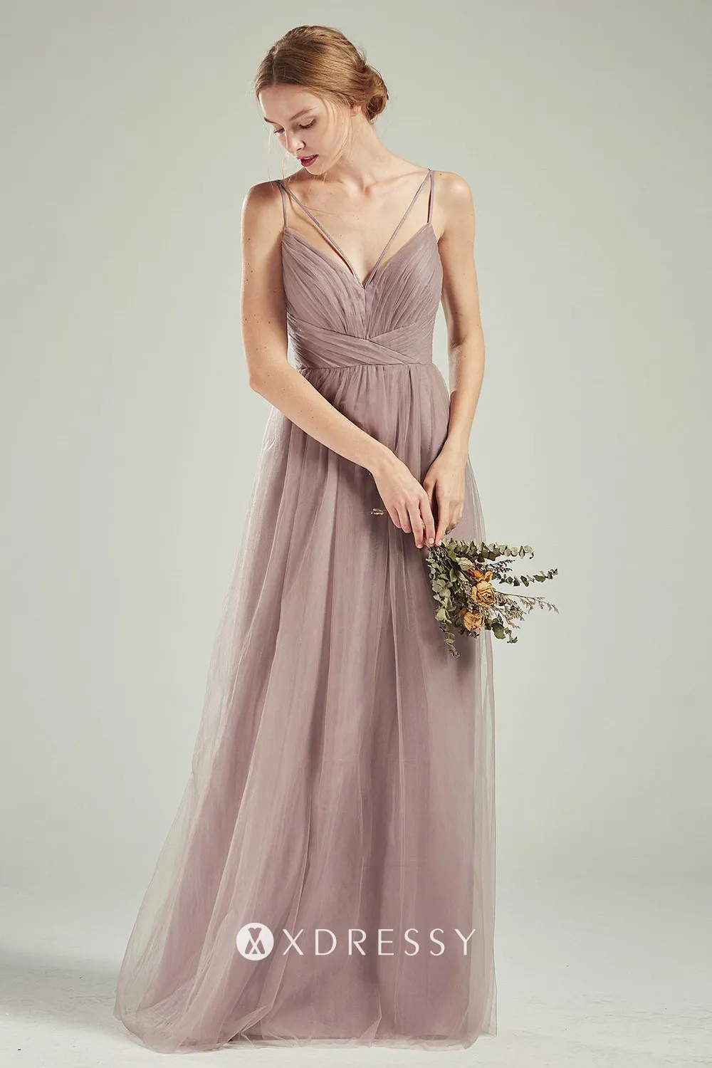 tan nude tulle spaghetti straps V neck bridesmaid dress