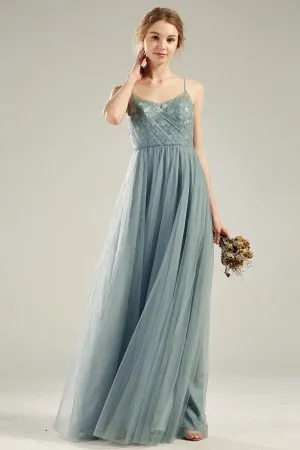 dusty blue lace tulle thin straps long bridesmaid dress