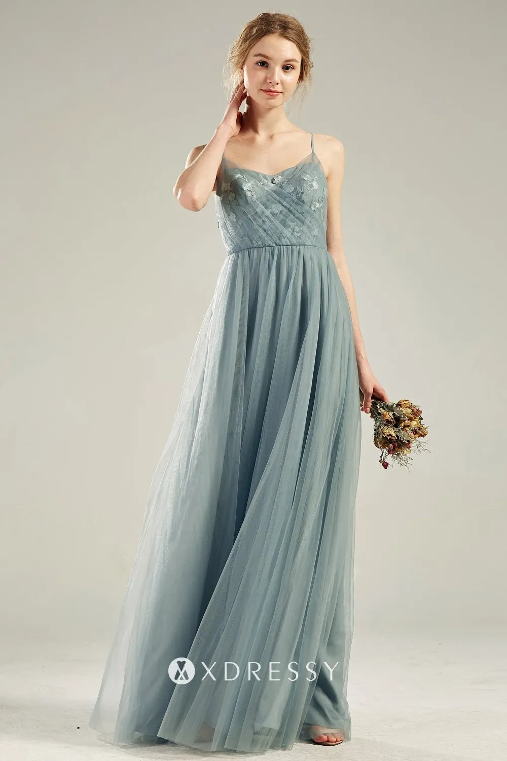 dusty blue lace tulle thin straps long bridesmaid dress