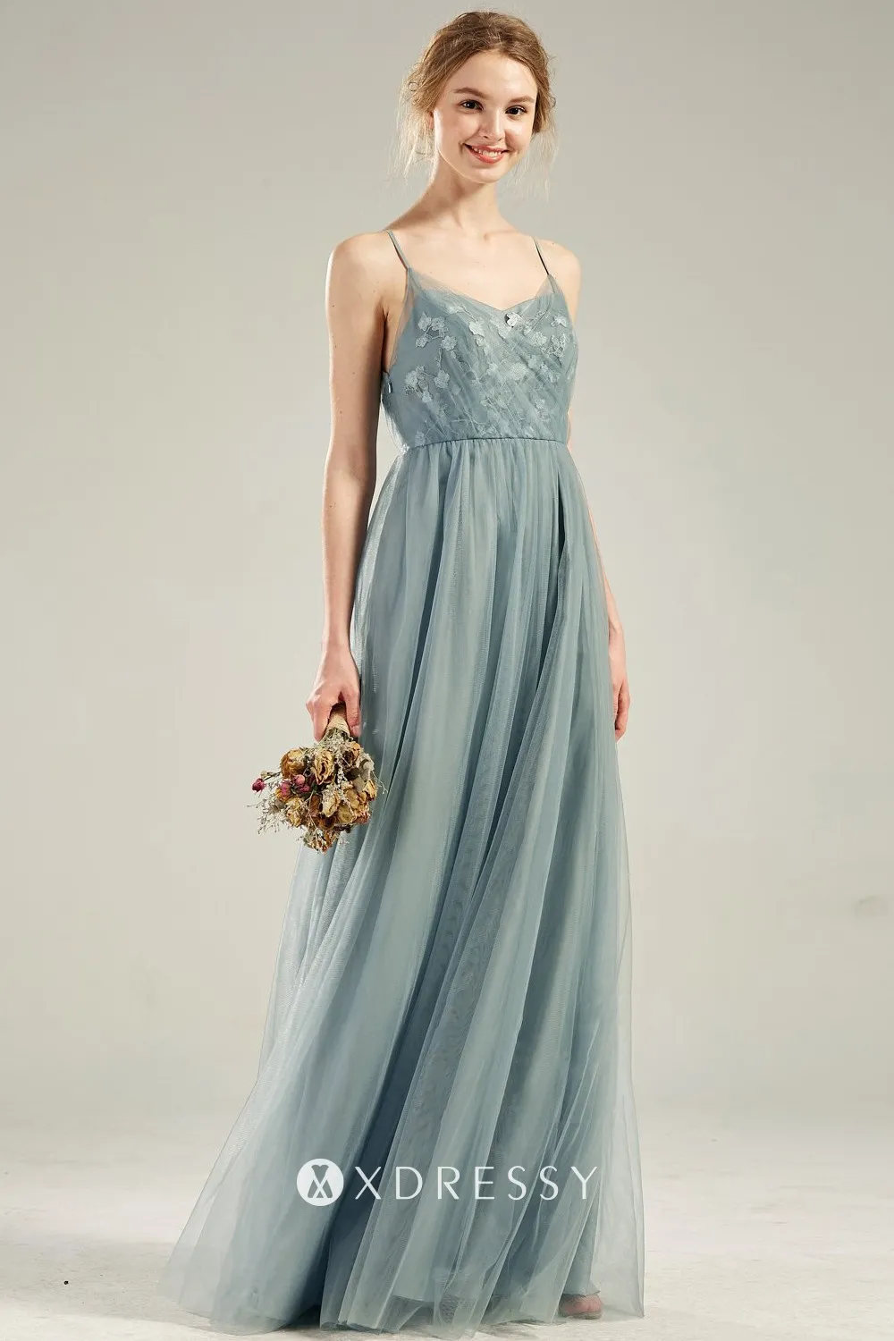 floral lace appliqued V neckline dusty blue tulle bridal party gown