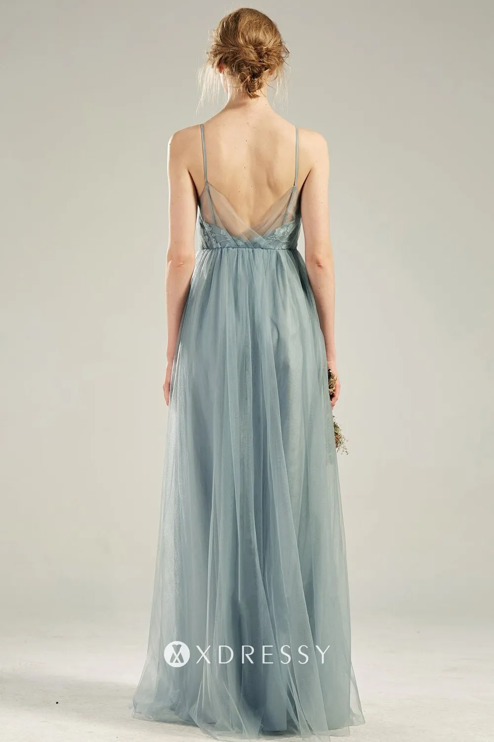 low back thin straps dusty blue tulle A line wedding guest dress