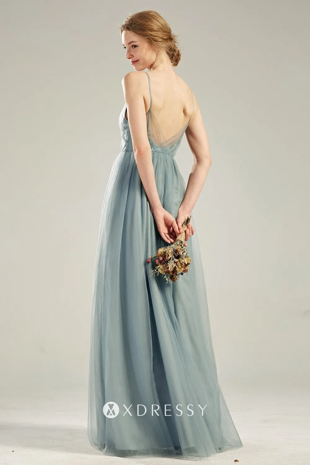 low back thin straps floor length bridal party dress