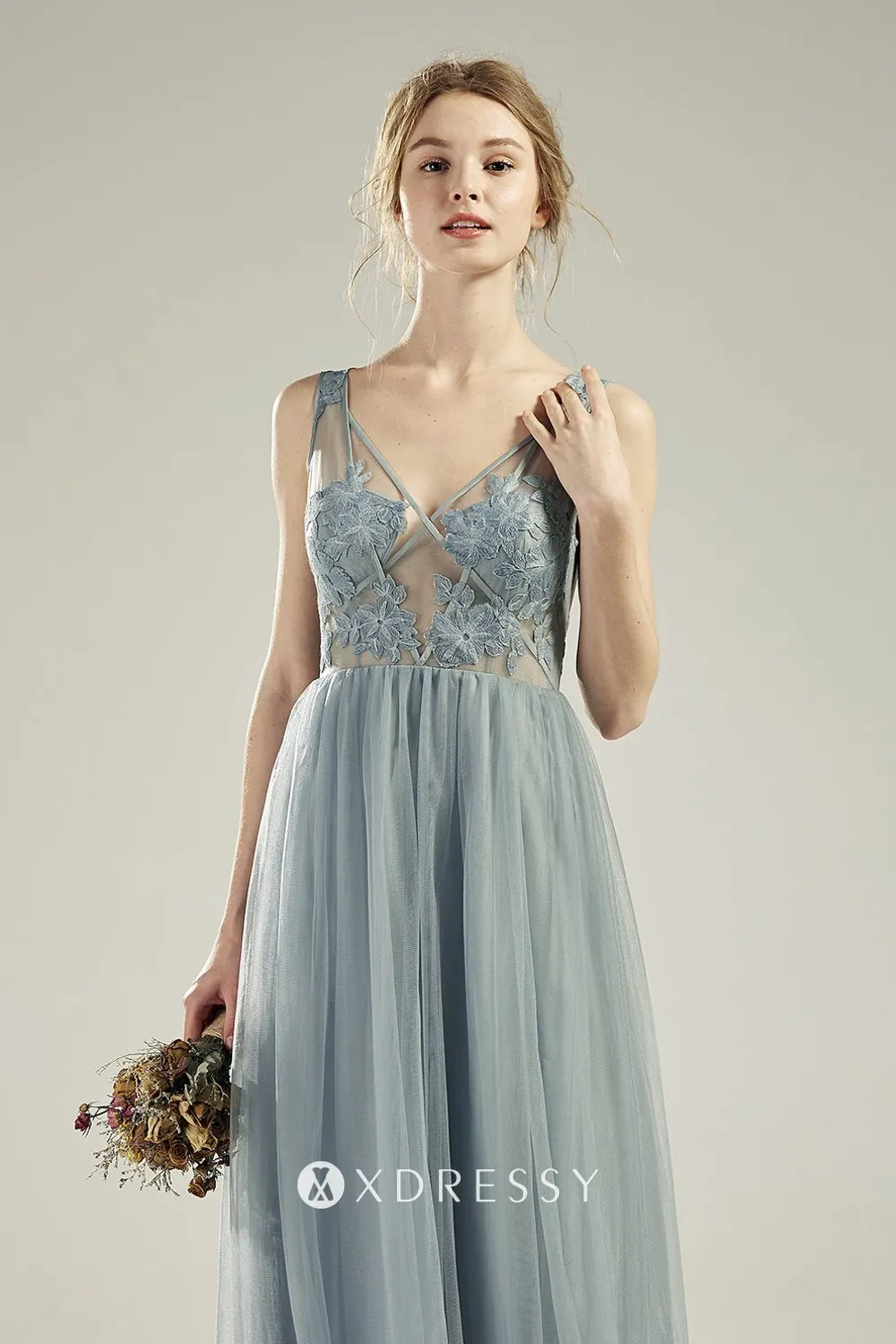 dusty blue illusion lace tulle A line bridal party gown