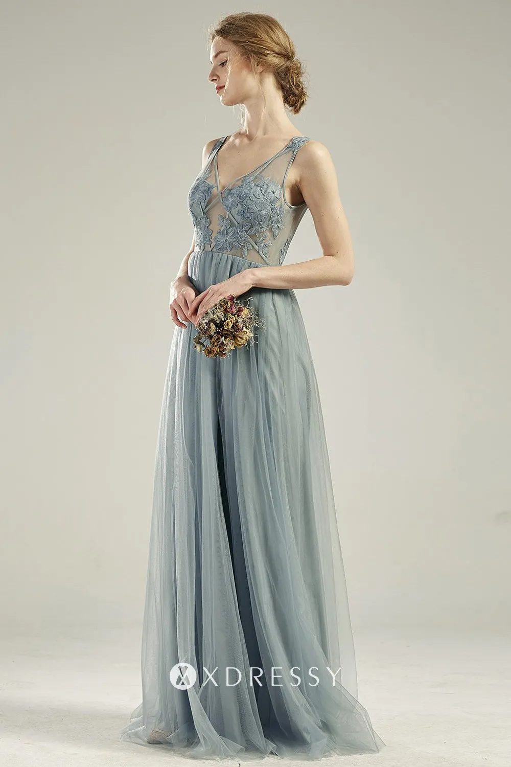 sexy dusty blue lace and tulle long bridesmaid dress