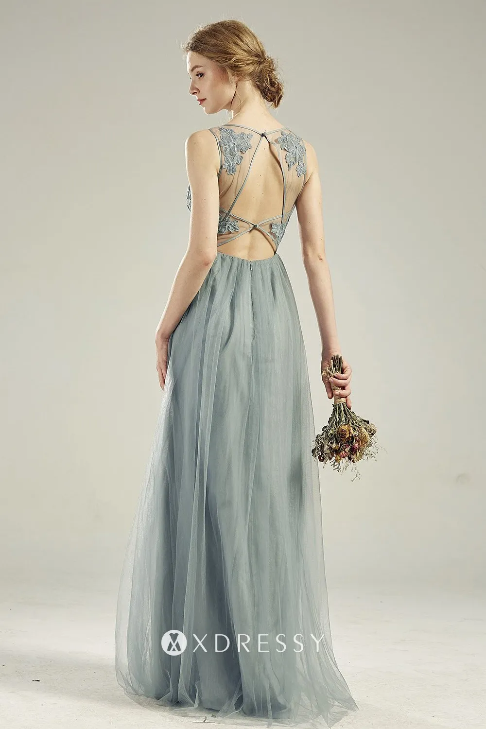 open back dusty blue lace and tulle bridesmaid gown