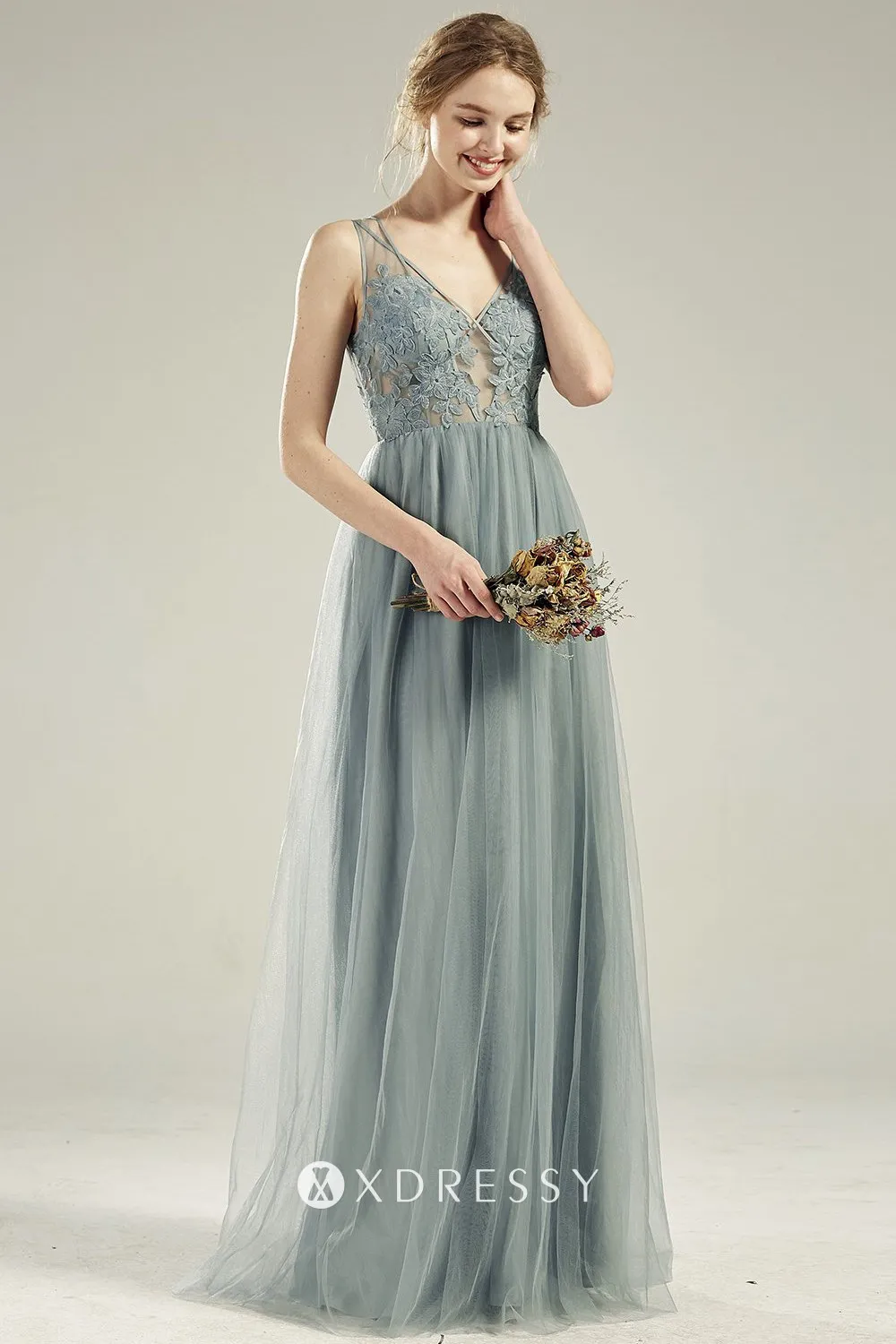 sexy dusty blue lace tulle V neck bridesmaid dress